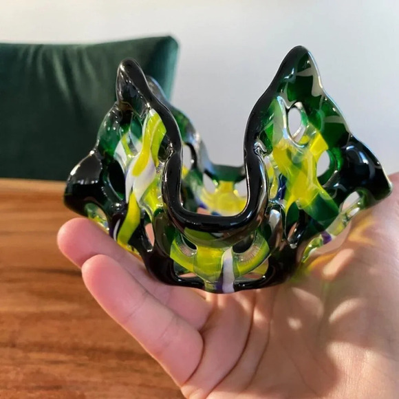 MCM Fused Glass Green Yellow Blue Lattice Style Candle Holder or Trinket Dish - Picture 10 of 15
